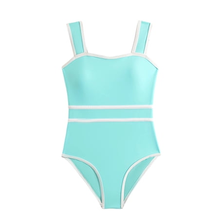 Scyoekwg Tankini Swimsuits for Teens Solid Color Slim Color Blocking Swimsuit Everyday Beach Bikini Vacation Light Blue 13 Years