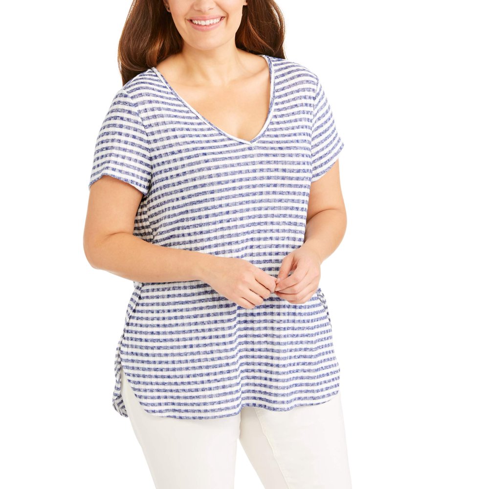 Mia Kaye - Women's Plus Short Sleeve V-Neck Striped Ribbed T-Shirt ...