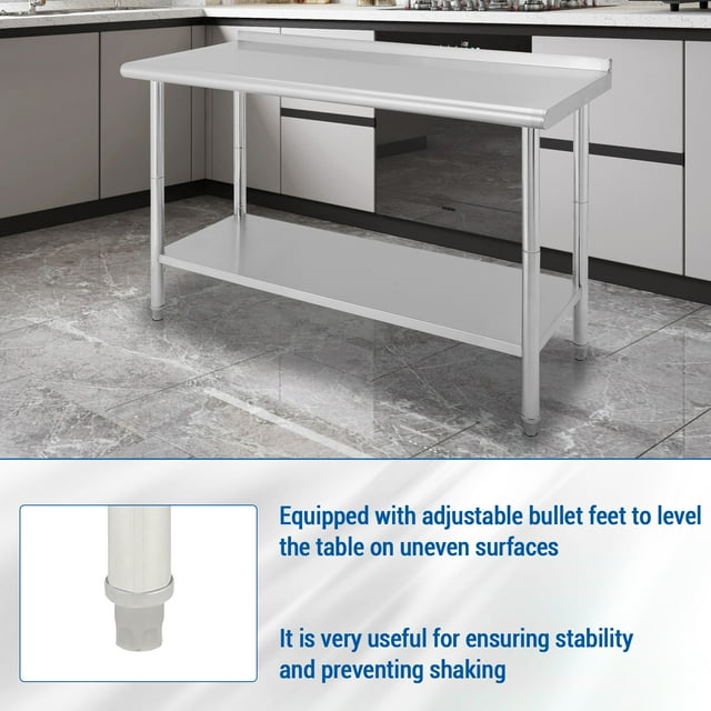 GloryStar Table de Préparation et de Travail en Acier Inoxydable, Table Utilitaire Commerciale Robuste avec Tablette Inférieure Réglable et Crochets à Outils pour Cuisine, Entrepôt, Garage et Jardin
