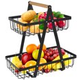 thumbnail image 1 of Muyoka Cesta de frutas de 2 niveles para encimera, estante para verduras, soporte de almacenamiento de frutas desmontable con mango de madera, frutero de metal, cestas de pan para frutas, verduras, a, 1 of 7