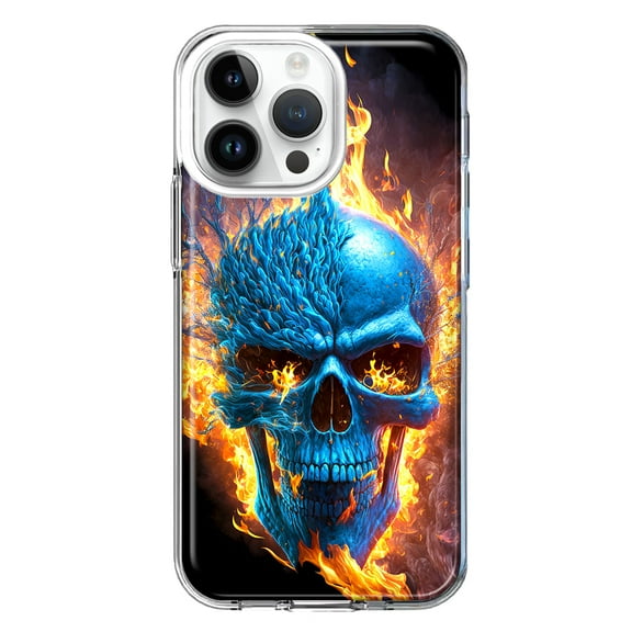 MUNDAZE Case for Apple iPhone 15 Pro Max Slim Hard Shell Soft TPU Hybrid Shockproof Heavy Duty Protective Phone Cover - Blue Flaming Skull Burning Fire