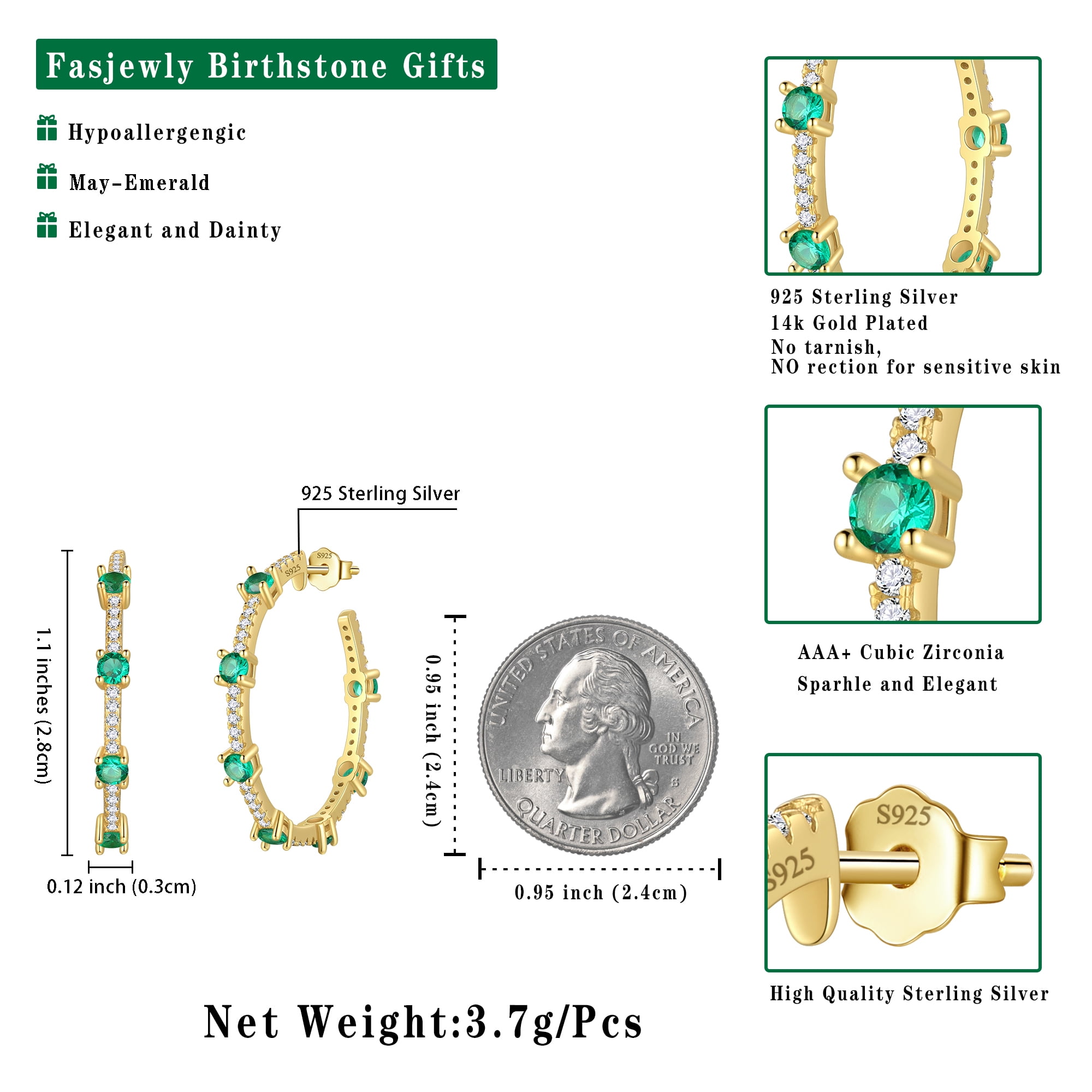 Fasjewly Birthstone Hoop Earrings,14k Gold Plated 925 Sterling Silver Earrings Studs Cubic Zirconia Jewelry Gifts for Women-May