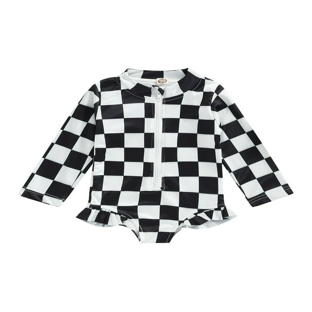 QJUHUNG Kid Baby Girls One Piece Swimsuit Long Sleeve Zipper Swimwear Ruffle Rashguard Bathing Suits Beachwear