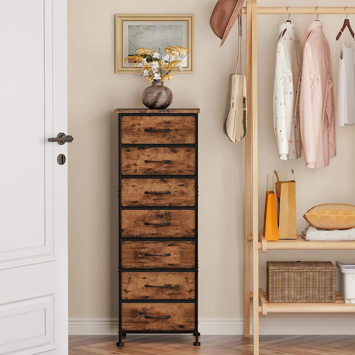 Tall Dresser for Bedroom, Storage Dresser Organizer with 7 Fabric Drawers, Nightstand Furniture in Closet, Entryway, Hallway