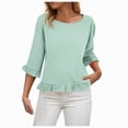 thumbnail image 5 of Towmus Womens 3/4 Sleeve Tops Knit Cotton Ladies Blouses Crew Neck T Shirts for Women Loose Fit Ruffle Sleeve Tunic Tops, XL, Green, 5 of 8