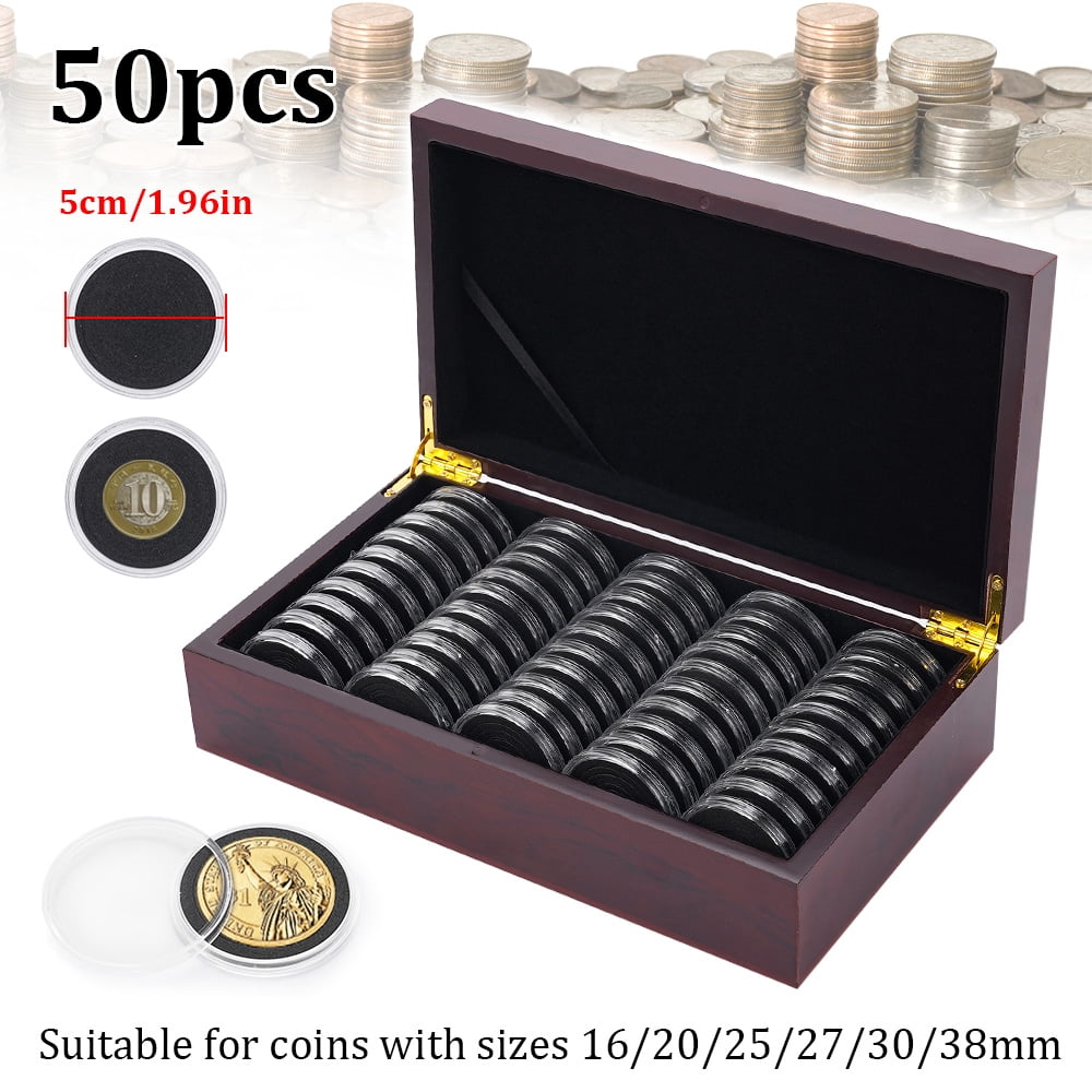 Vorfor 50Pcs Wooden Coin Storage Box, Coin Collector Display Commemorative Coin Case with 6 Sizes Foam Gasket and Plastic Storage Organizer Box