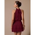 thumbnail image 2 of Burgundy Sleeveless High-Neck Ruffle Hem Mini Sundress, Elegant Fit For Parties, Dates, Summer Events, 2 of 7