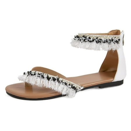 

TUOBARR Sandals Flip Flops for Women Fringe Pintoe Shoes Ankle Strap Beach Sandals Back Zip Beach Sandals Open Toe Boho Sandals Black