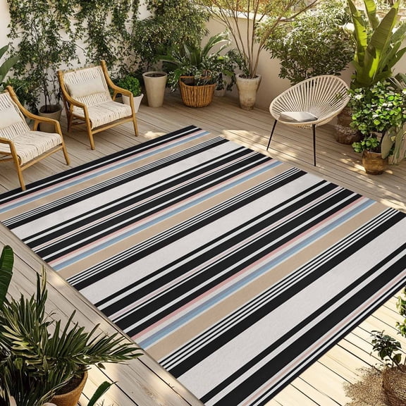 Black Stripes Lines Outdoor Area Rug 5x8ft Decorative Indoor Outdoor Rug Classic Vertical Striped Patio Area Rug for Porch, Deck, Balcony, Entryway, Camping & RV