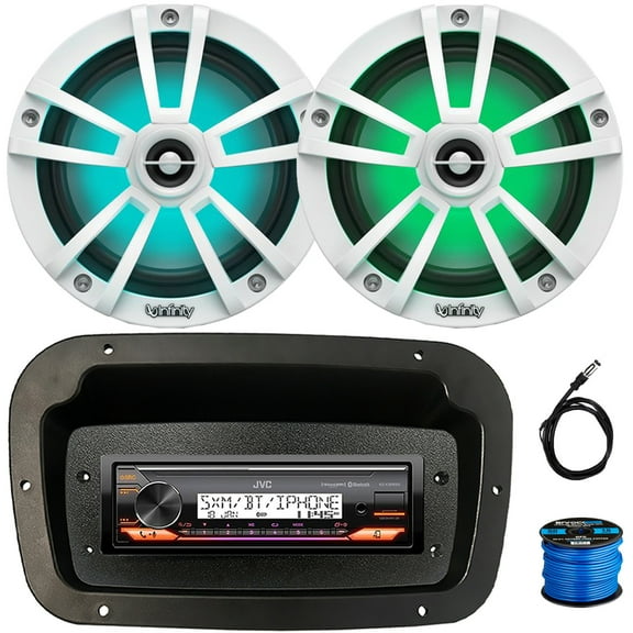 JVC KD-X38MBS Single-DIN Marine Bluetooth USB/AUX LED AM/FM Stereo SiriusXM Ready Receiver W/Spa Bezel   Adapter Plate, 2x 6.5" 225W Max Power Coaxial White Boat RGB LED Speakers W/Wire, Antenna