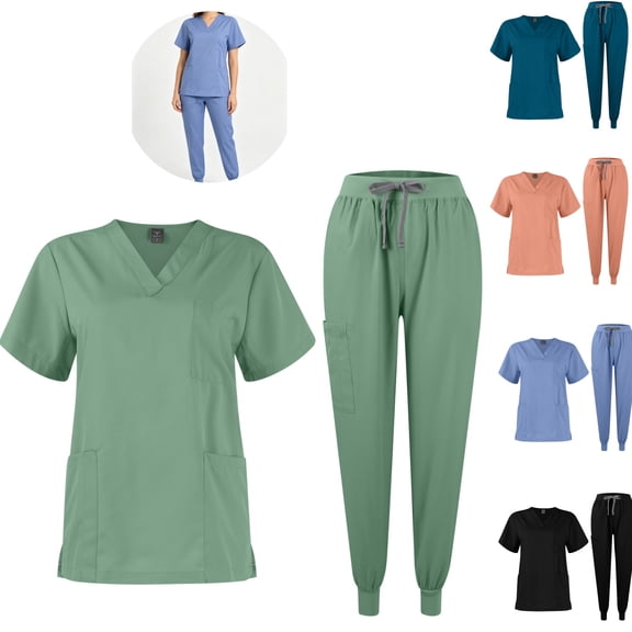 HAJWOH Scrubs For Women Set Casual Solid Medical Uniform Stretch V-Neck Scrub Top & Pant with Pockets
