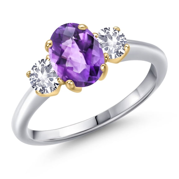 Gem Stone King 925 Silver and 10K Yellow Gold Purple Amethyst and White Created Sapphire Engagement Ring for Women | 1.70 Cttw | Oval Checkerboard 8X6MM | Gemstone February Birthstone | Size 5