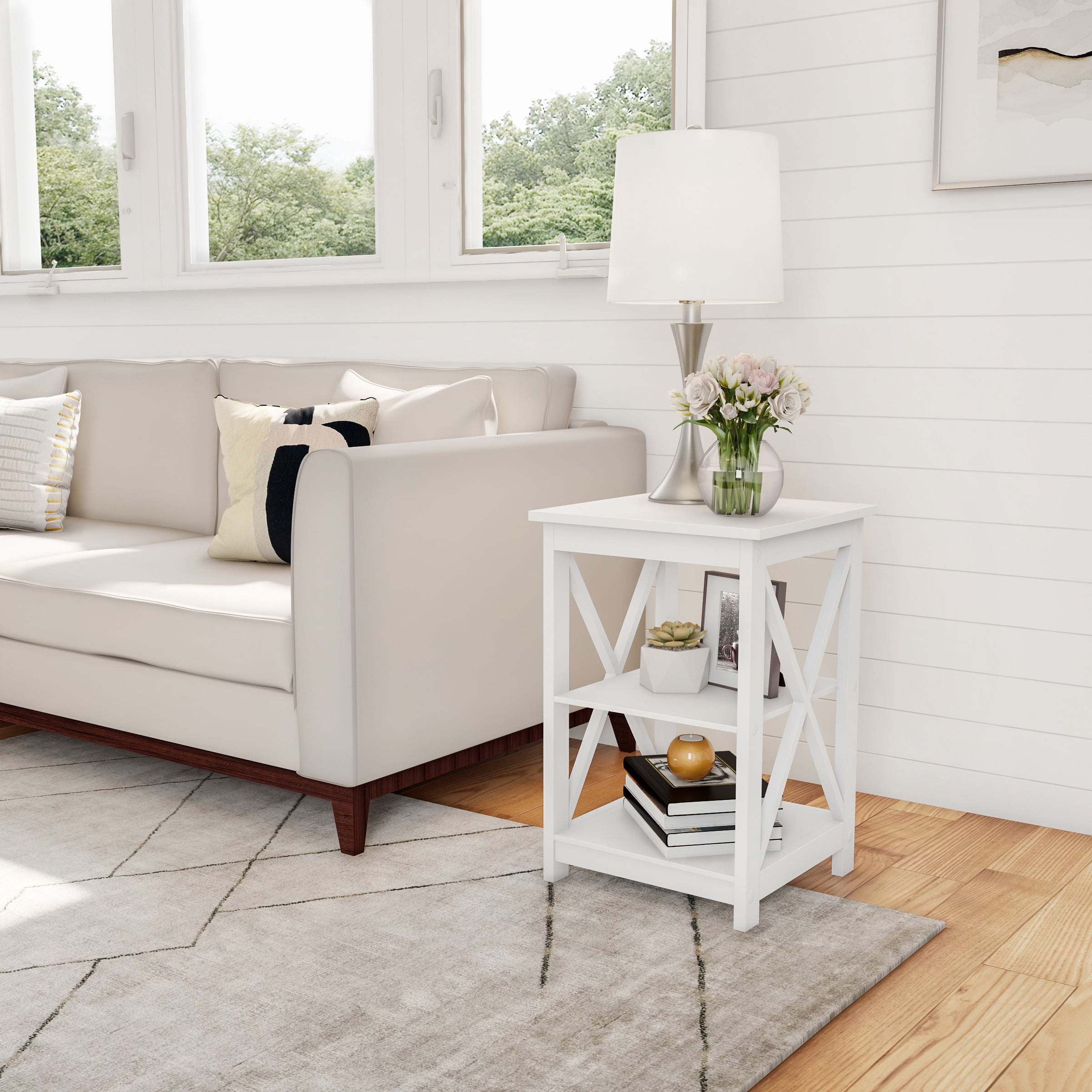 Lavish Home Wooden End Table with Two Shelves and X-Shaped Design 