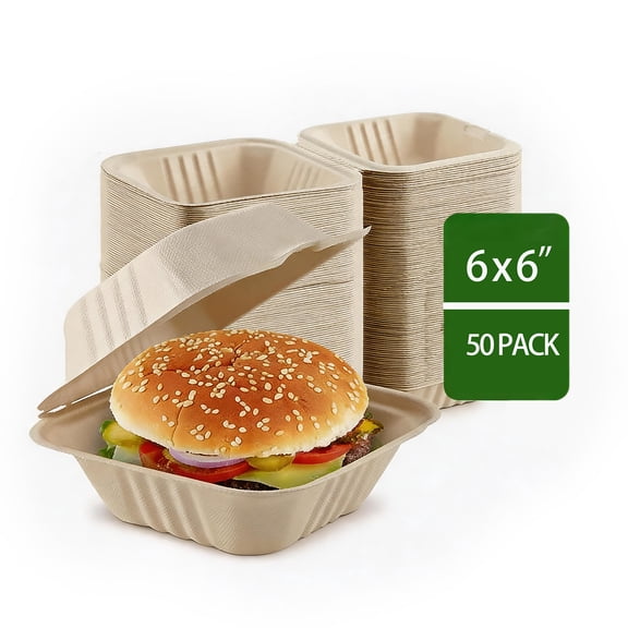 50-Pack 6x6 Inch  Hamburger Clamshell Container, Biodegradable Bagasse Takeout Box for Sandwiches & Food Service