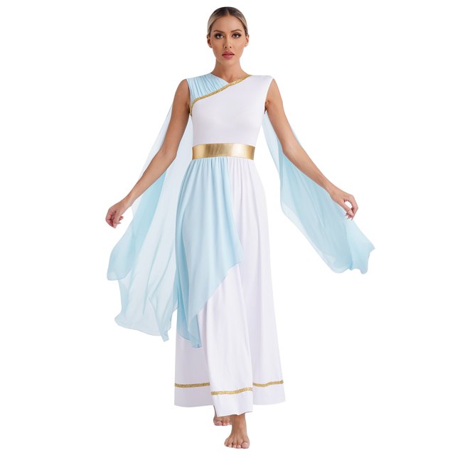 Alvivi Robe Grecque Ancienne pour Femmes Robe Longueur Genou à Blocs de Couleur Bleu Clair S