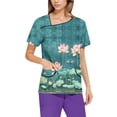 thumbnail image 4 of Scrub Uniforms for Women,Floral Printed Scrub Tops - Cheerful Floral Patterns Short Sleeve Medical Blouse - Green - S, 4 of 5