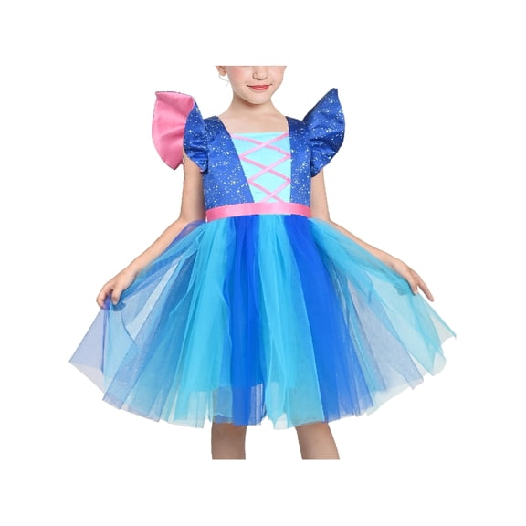 Sunny Fashion Girls Dress Blue Alien Galaxy Flutter Sleeve Sparkle Tulle Tiered Princess Costume 5 Years