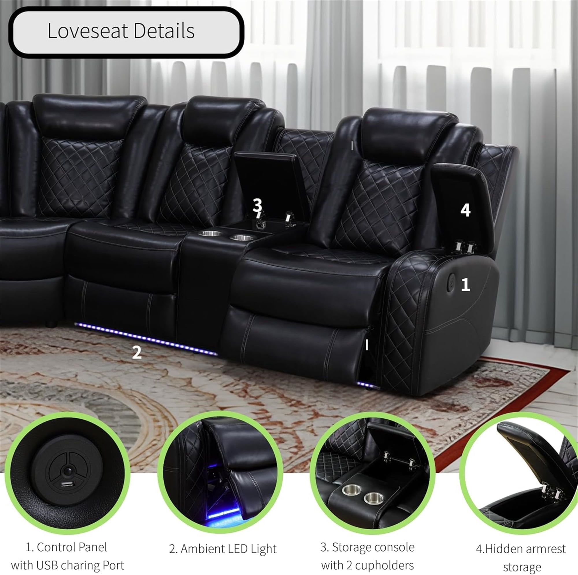 Aukfa 3-Piece Power Recliner Sofa Set 6 Seat Sectional Couch with LED Light, Cup Holders&Storage Console, Black
