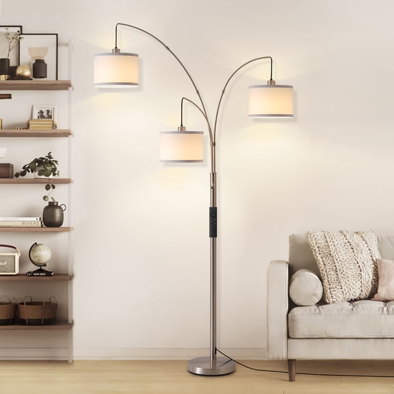 Netin 80” 3-Light Modern Dimmable Nickel Arc Floor Lamp with Beige Shades