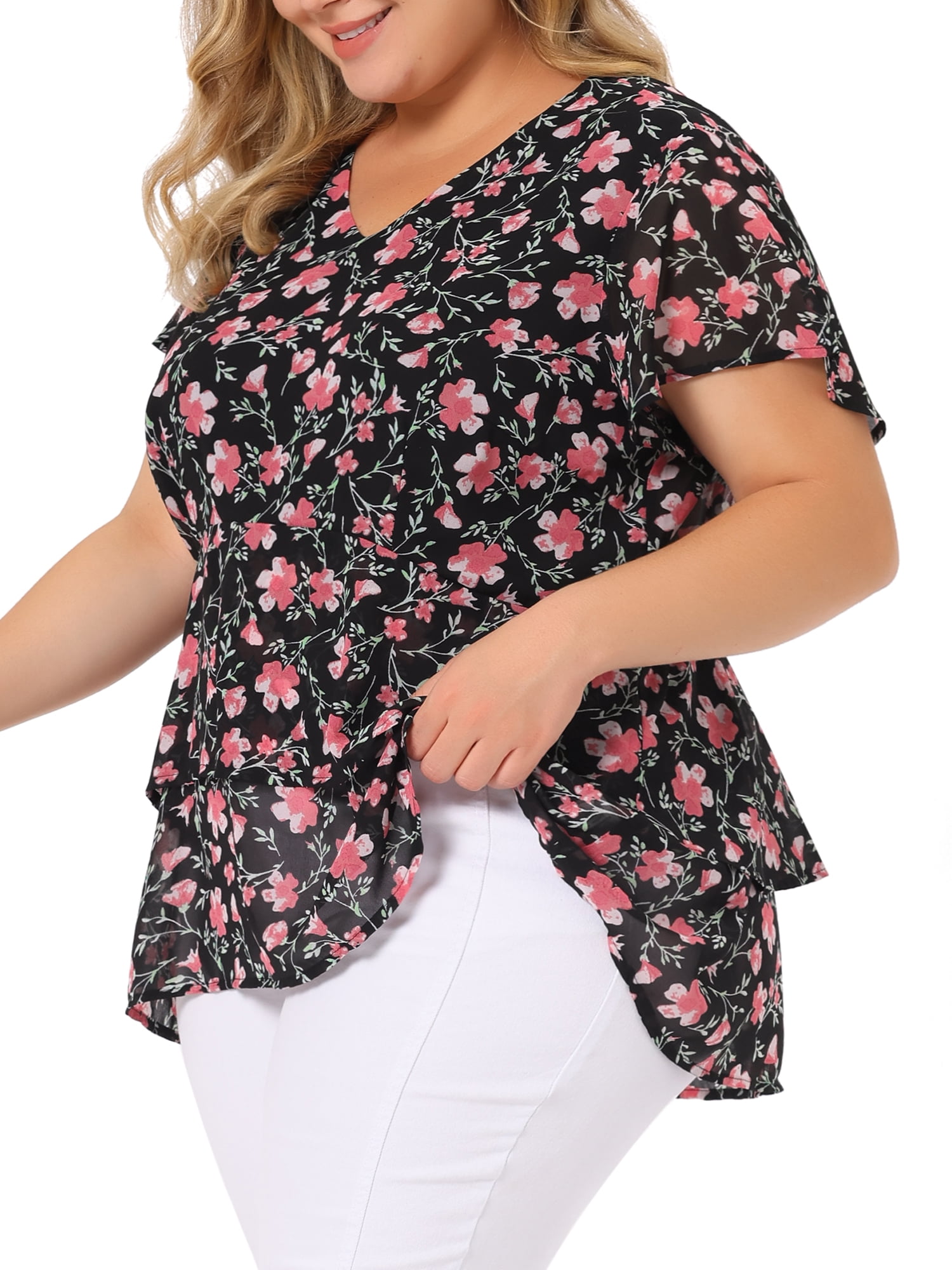 Unique Bargains Women's Plus Size V Neck Flare Floral Print Sleeve Tiered Peplum Top