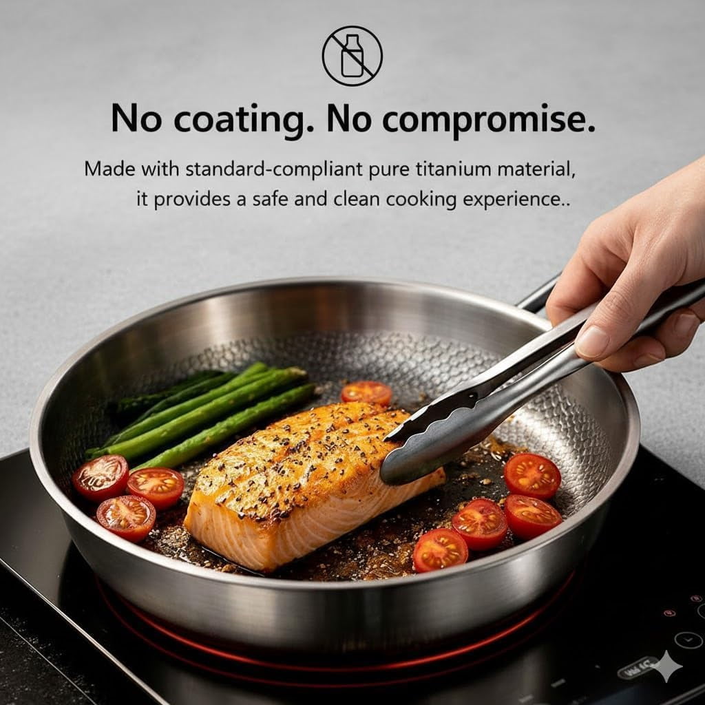 Titanium Pan, 12" 100% Pure Titanium Frying Pan with Lid, Hammered Non-Stick Skillet for All Stovetops, Professional Lightweight Cookware for Healthy Searing & Daily Cooking (11.8 in, With Lid)