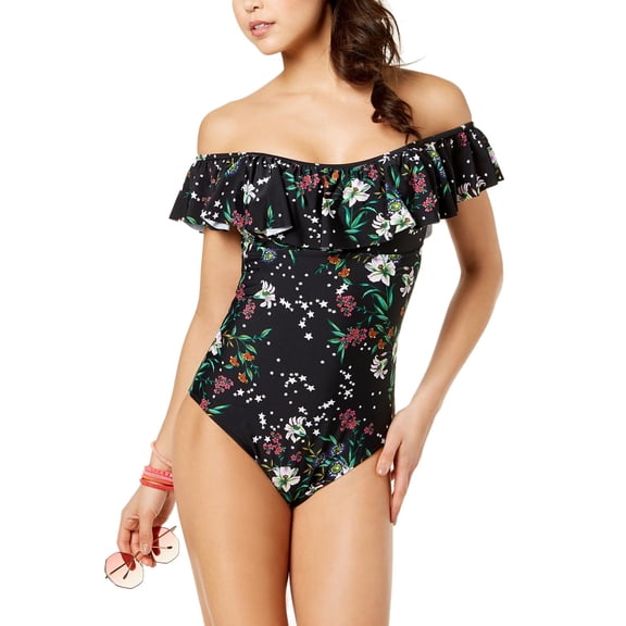 Raisins Womens Stars & Bloom Off-The-Shoulder Cheeky One-Piece Swimsuit M Black
