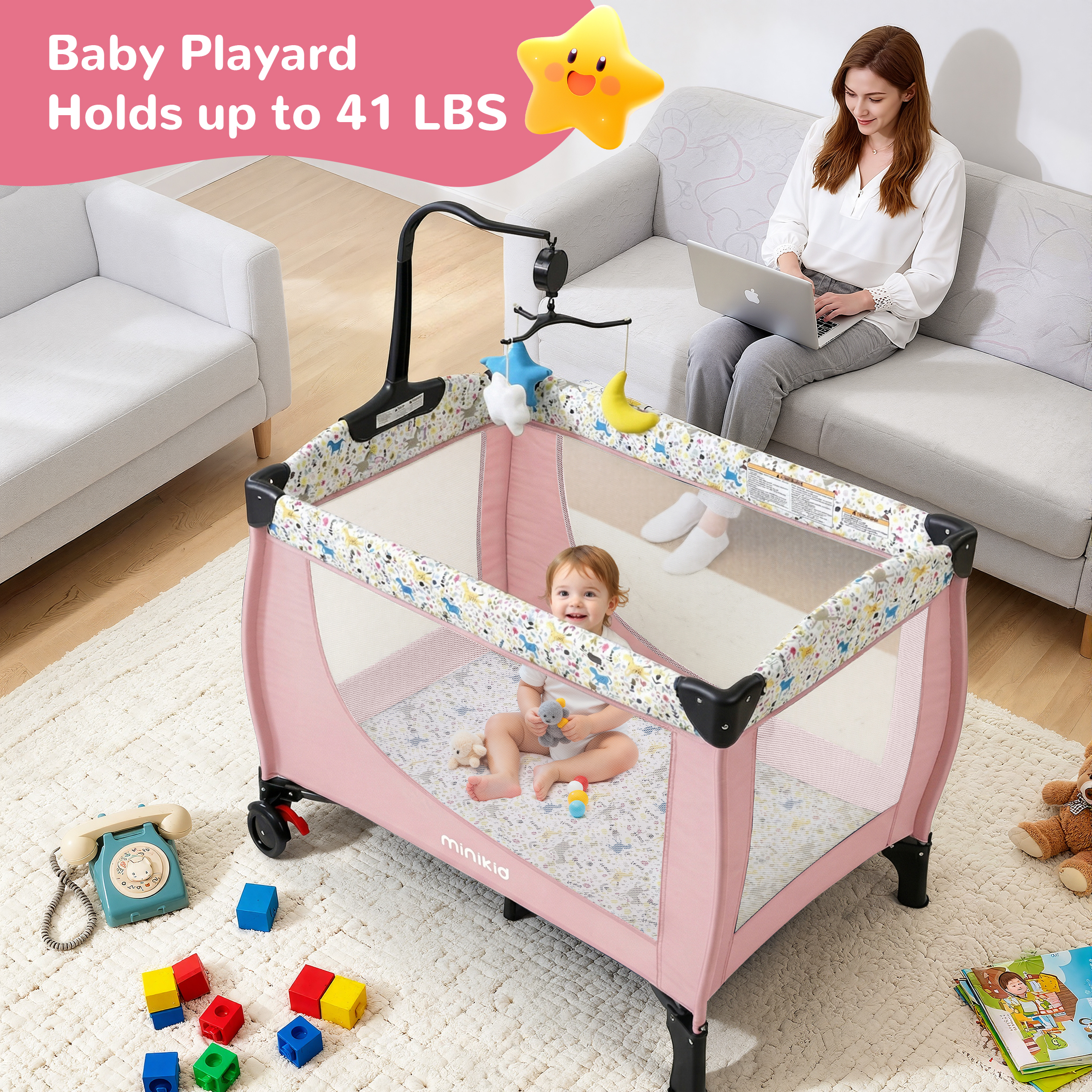 Vipuse Nursery Center Playard with Bassinet, Pink photo 4