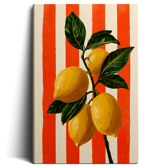 Topbout Art Modern Abstract Lemon Canvas Wall Art, Red White Striped Boho Fruit Picture for Living Room Bathroom, Ready to Hang 12*8 inch