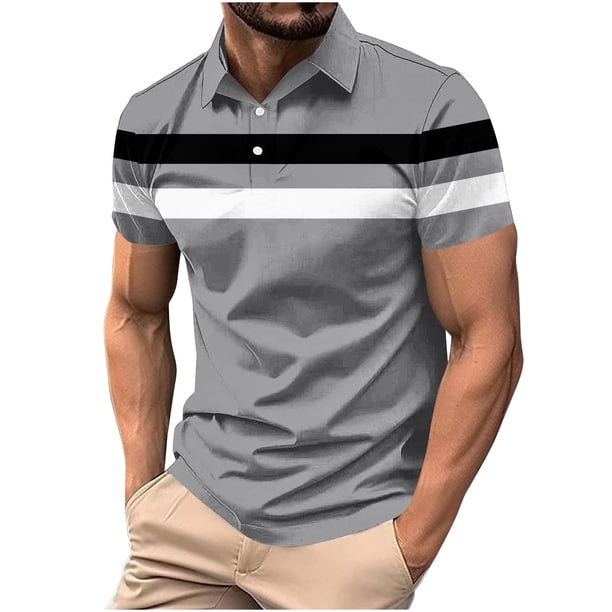 Blusa y camisa de manga corta con cuello vuelto para hombre, informal, de color liso, a rayas, con botones y estampado, blusa para hombre