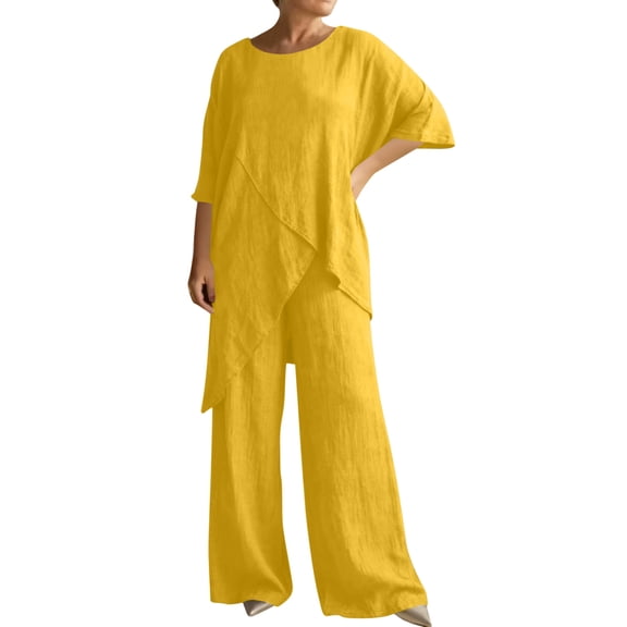 Aofany 2 Piece Outfits for Women 3/4 Sleeve Crew Neck Shirts Wide Leg Pants Sets Oversized Matching Lounge Sets Loose Fit Linen Dressy Casual Tracksuits Vacation Outfits Sets