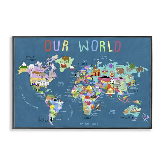 Stupell Industries Our World Map Education Painting Black Framed Art Print Wall Art, 18 x 12