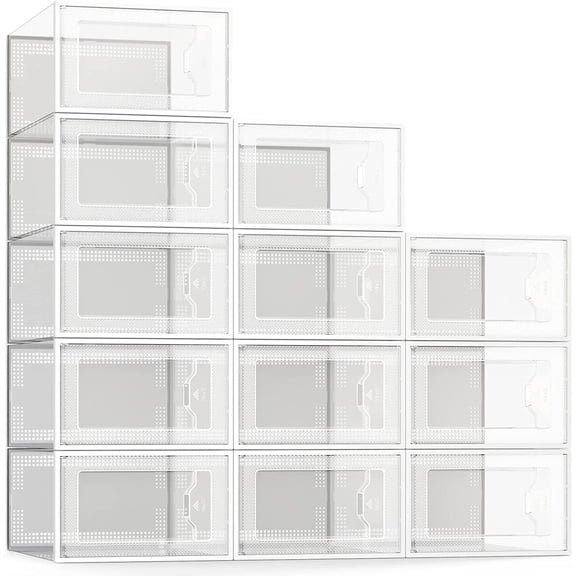 SEE SPRING 12 Pack Shoe Storage Box, Clear Plastic Stackable Organizer for Closet, Space Saving Foldable Rack Sneaker Container Bin Holder