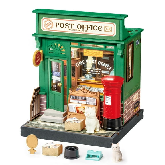Rolife DIY Miniature House Wood Kit Post Office Home Desk Bookshelf Decoration Birthday Gifts for Adult Boys & Girls