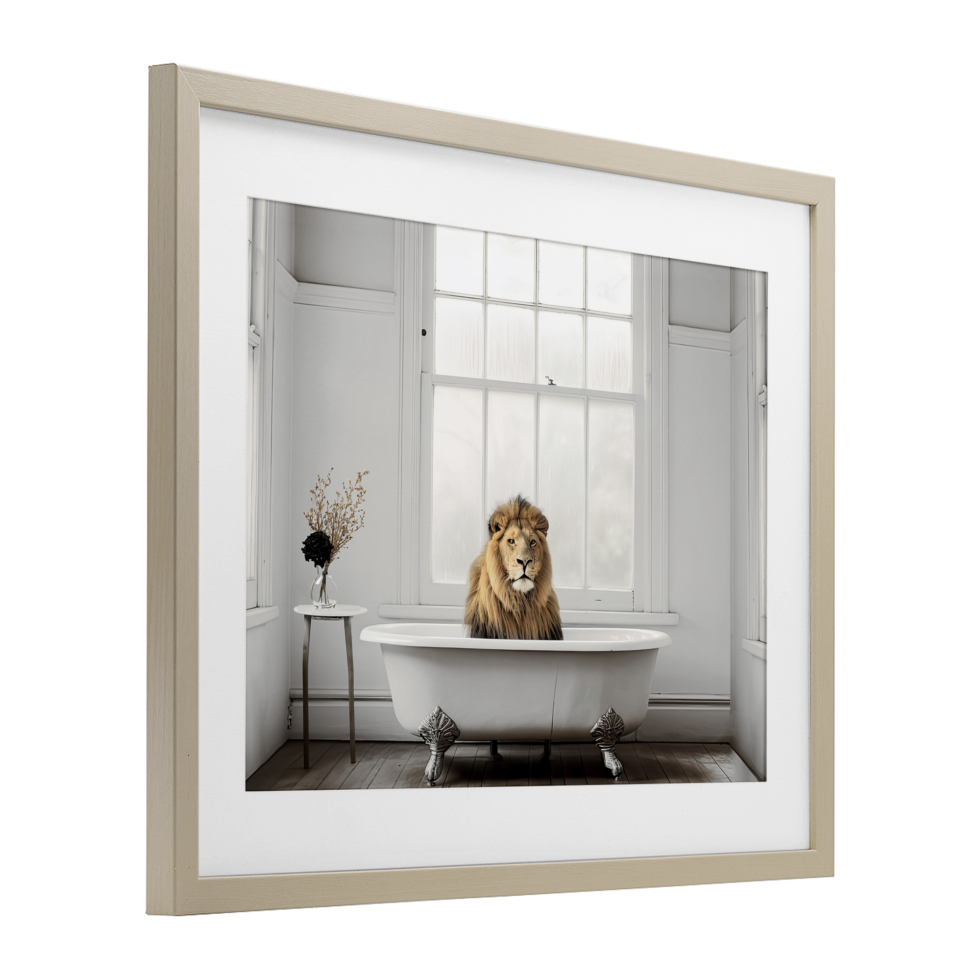 Minimalist Lion Bathtime Birch Framed Print Under Glass, design by Sasha