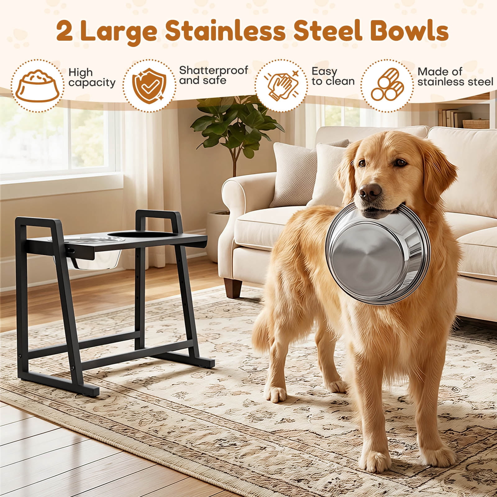 Enogets Elevated Dog Feeder with Stainless Steel Bowls, Adjustable 4-Level Height for Large Dogs, Easy-Clean Stand