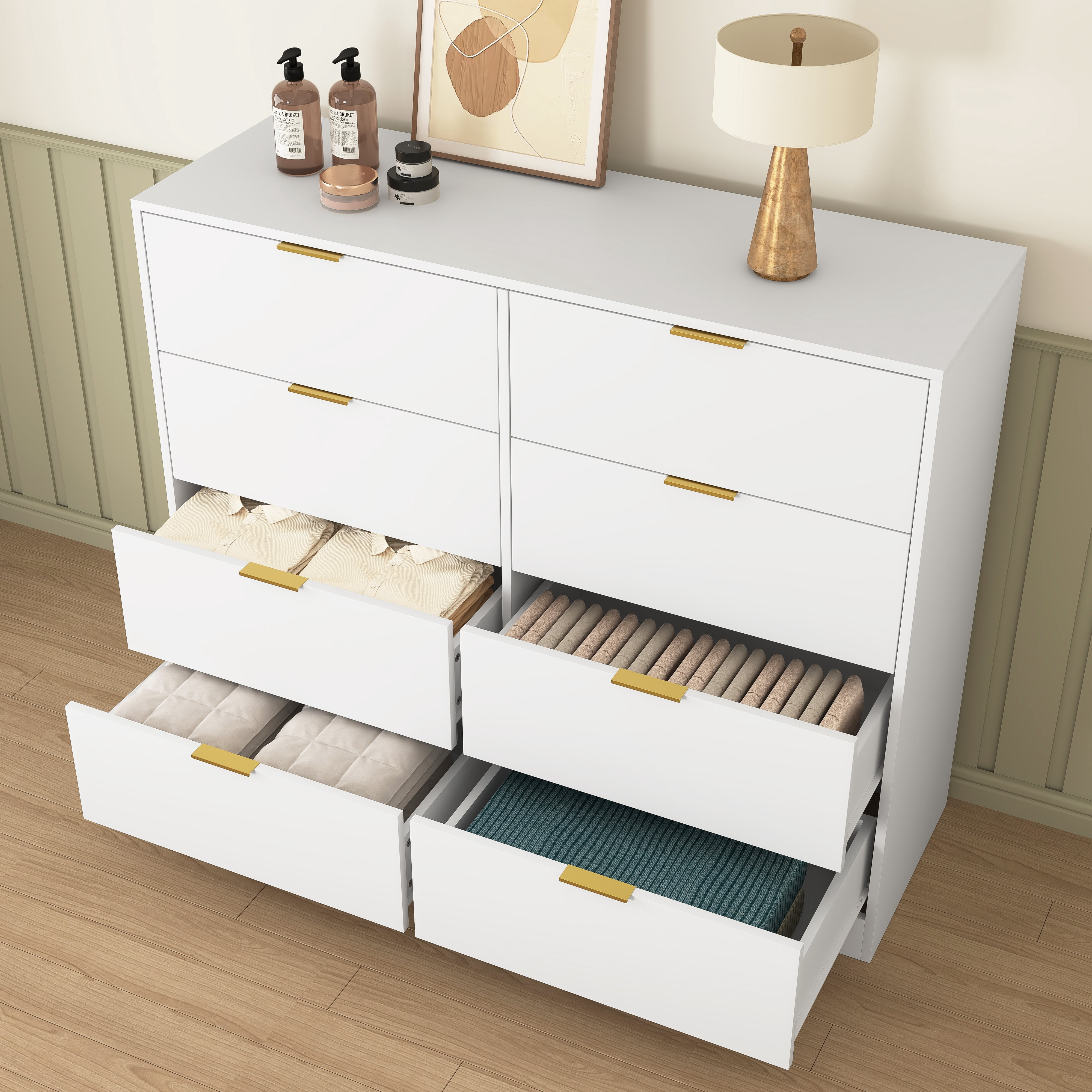 Mintazer Tall Dresser with 8 Drawers, Storage Chest of Drawers with Gold Metal Handles for Entryway Bedroom Living Room Hallway, White