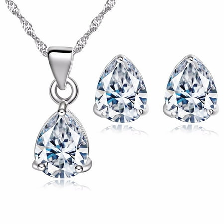 Copper Crystal Earrings - Moochi White Gold Plated Copper Waterdrop Shape Crystal Pendent Necklace Earrings Jewelry Set