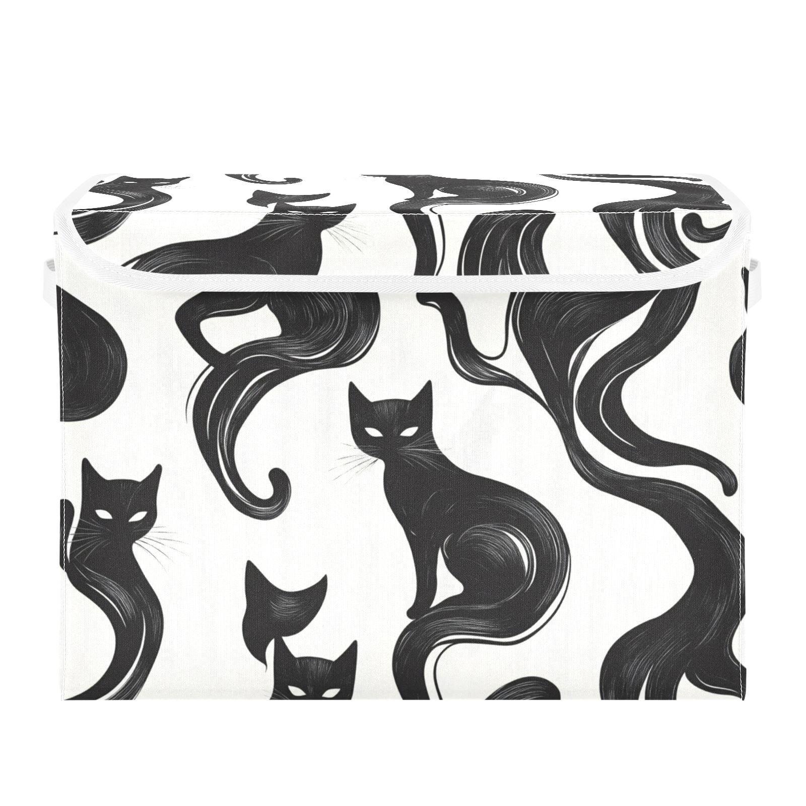 Black Cats in White Storage Basket for Shelves Foldable Container Organizer for Organizing Toys Clothes Books with Handles