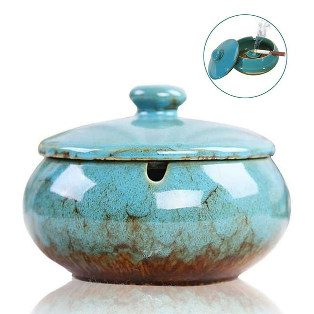 Cenicero de cerámica con tapas, resistente al viento, cenicero para uso en interiores o exteriores, cenicero para fumadores, cenicero de escritorio para decoración de hogar y oficina Ormromra 2034587-1