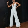 thumbnail image 2 of Sequins Jumpsuits for Women Sleeveless Deep V Neck Spaghetti Strap Wide Leg Long Rompers Dressy Jumpsuit Club Party Cocktail Outfits White,XL, 2 of 7