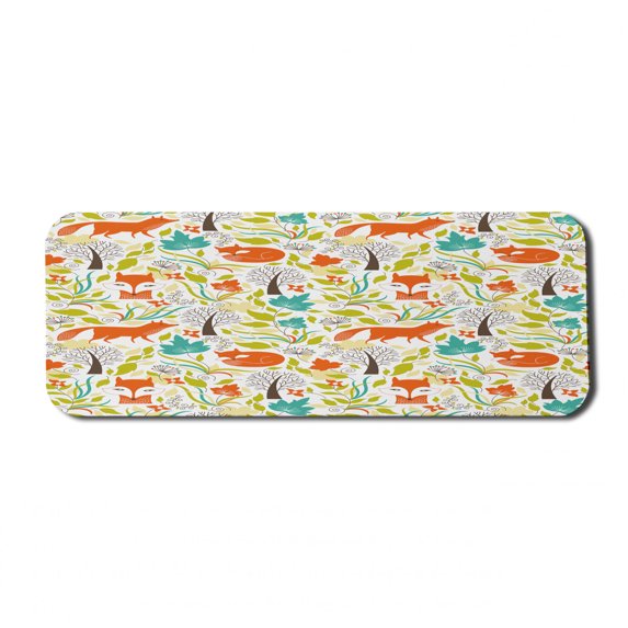 Cartoon Computer Mouse Pad, Wild Fox Wolf with Leaves Flowers and Leafless Trees Print, Rectangle Non-Slip Rubber Mousepad Large, 31" x 12" Gaming Size, Orange Green and Blue, by Ambesonne
