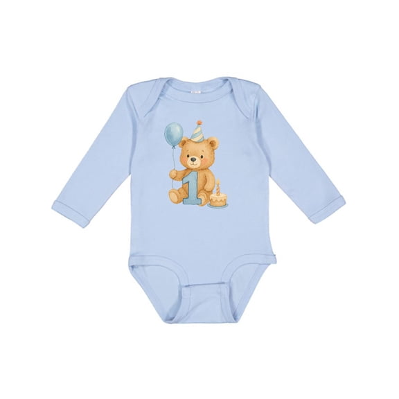 Inktastic First Birthday Cute Teddy Bear with Balloon Boys or Girls Long Sleeve Baby Bodysuit