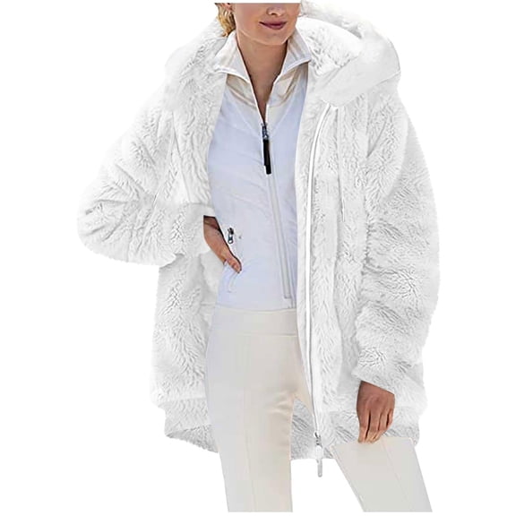 Winter Coat for Women Fuzzy Fleece Jackets Cute Ears Hooded Sherpa Color Block Patchwork Zip Up Cardigan Outerwear