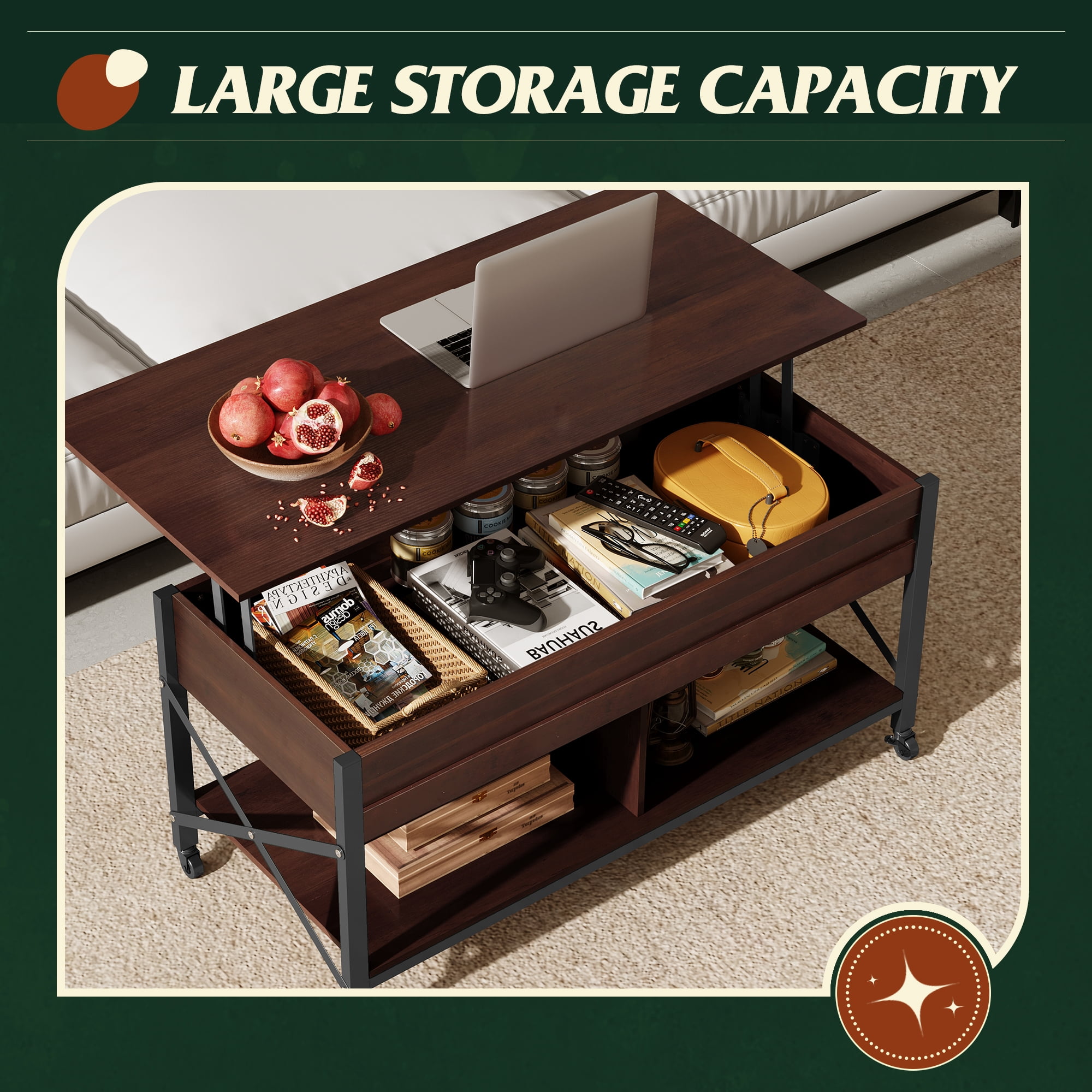 GALAXHERO Coffee Table, 41.3" Lift Top Coffee Table with 4 Wheels, Hidden Compartment, Storage Shelf and Lift Tabletop for Living Room, Reception Room, Espresso