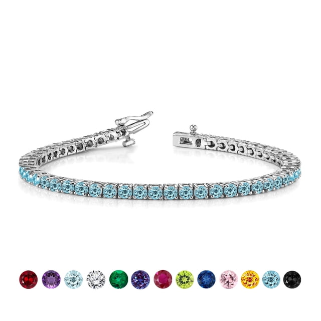 pulsera de tenis jeenmata 3 quilates topacio azul diciembre chapado en oro blanco mujer nueva pulsera de tenis Eternity de 7.5 pulgadas con fila continua de circonitas azul topacio (peso total 3.00 ct) en engastes de metal blanco chapado en oro blanco; vista frontal centrada sobre fondo blanco con cierre de broche visible y muestra de piedras alternativas en fila inferior, a menudo usada como regalo de cumpleaños o aniversario.