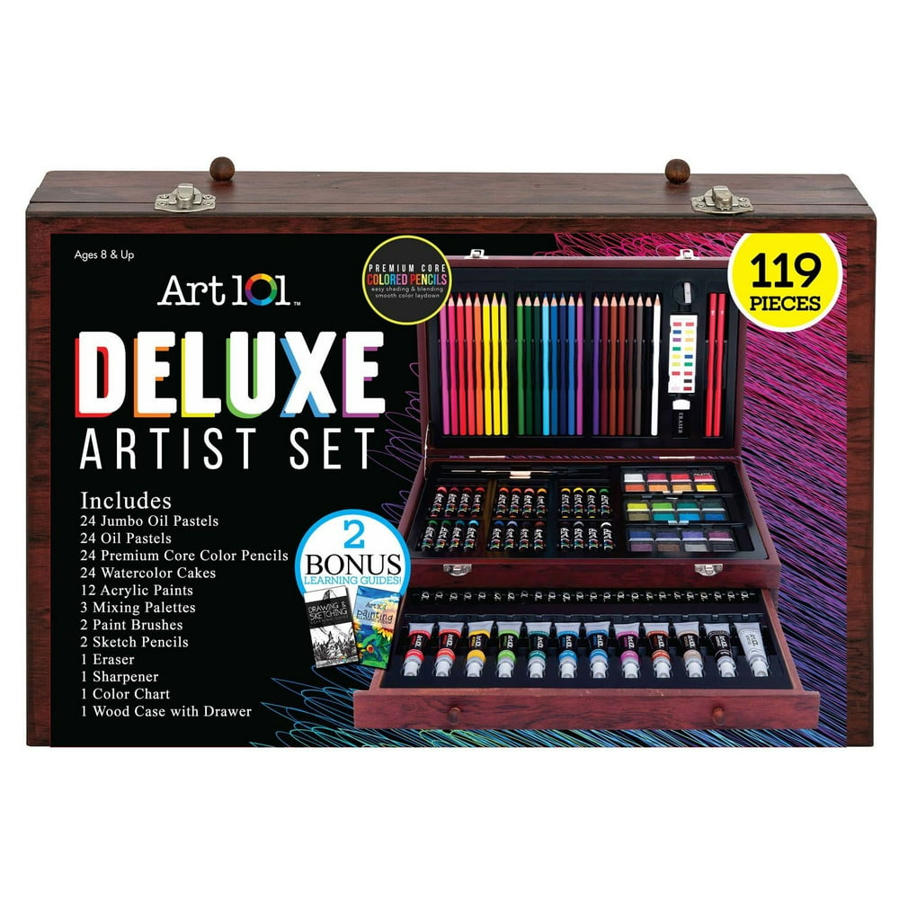 Art 101 Deluxe Art Set with 119 Pieces in a Wood Organizer Case