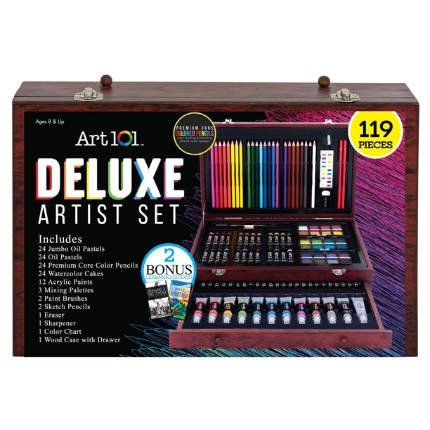 Art 101 Deluxe Art Set with 119 Pieces in a Wood Organizer Case