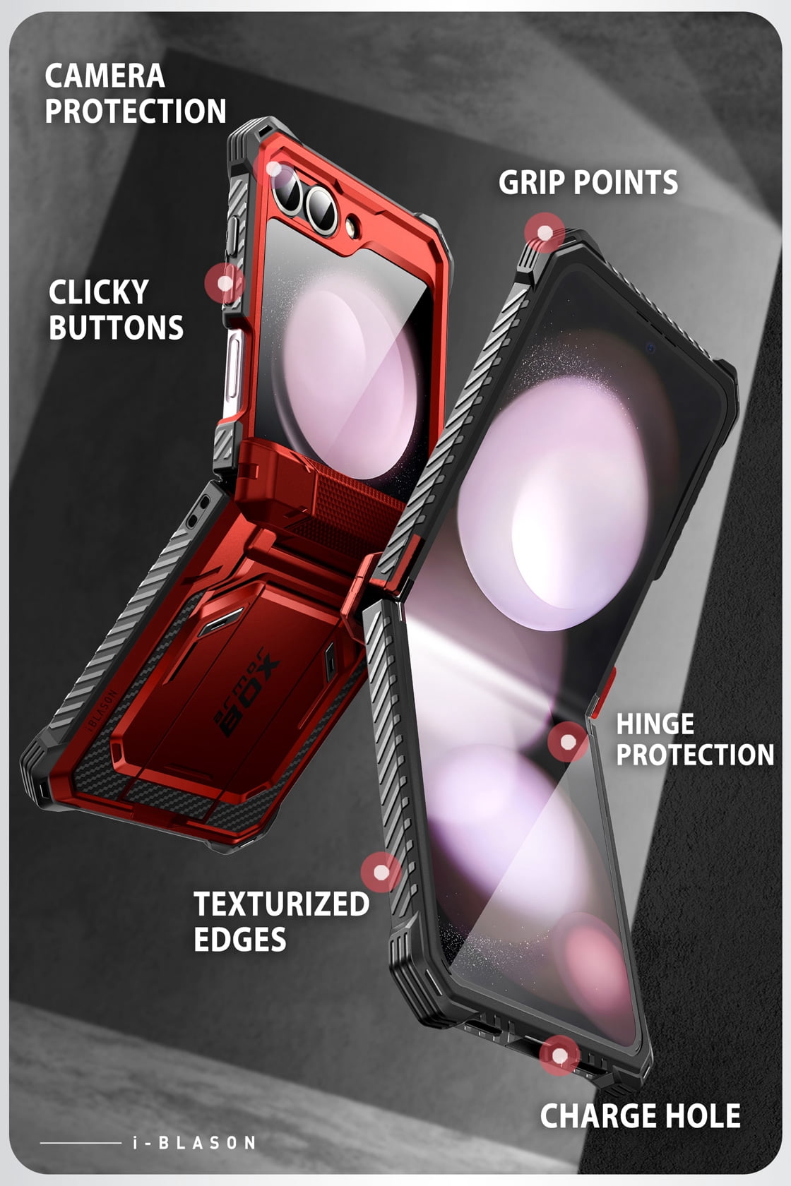 i-Blason Armorbox series for Samsung Galaxy Z Flip 6 / Flip 5 Case with Stand, [Built-in Screen Protector] [Hinge Protection] [Belt-Clip], Full-Body Protection Phone Case Cover, Ruddy