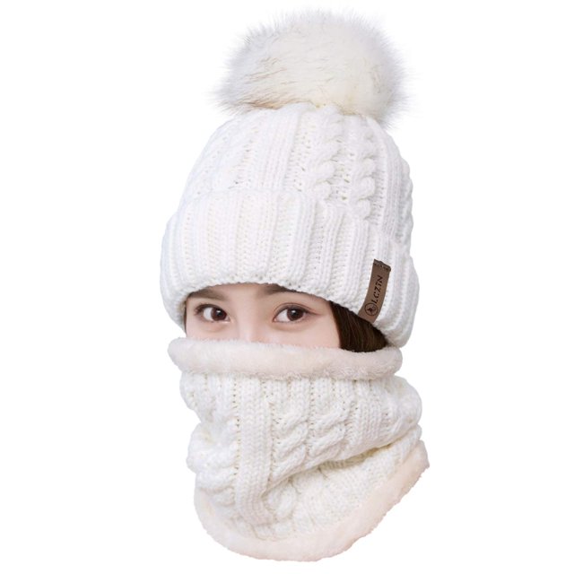 Gorro con pompón para mujer, conjunto de bufanda, gorro de esquí de invierno para niñas, gorro de punto holgado con forro polar oso de fresa Hogar