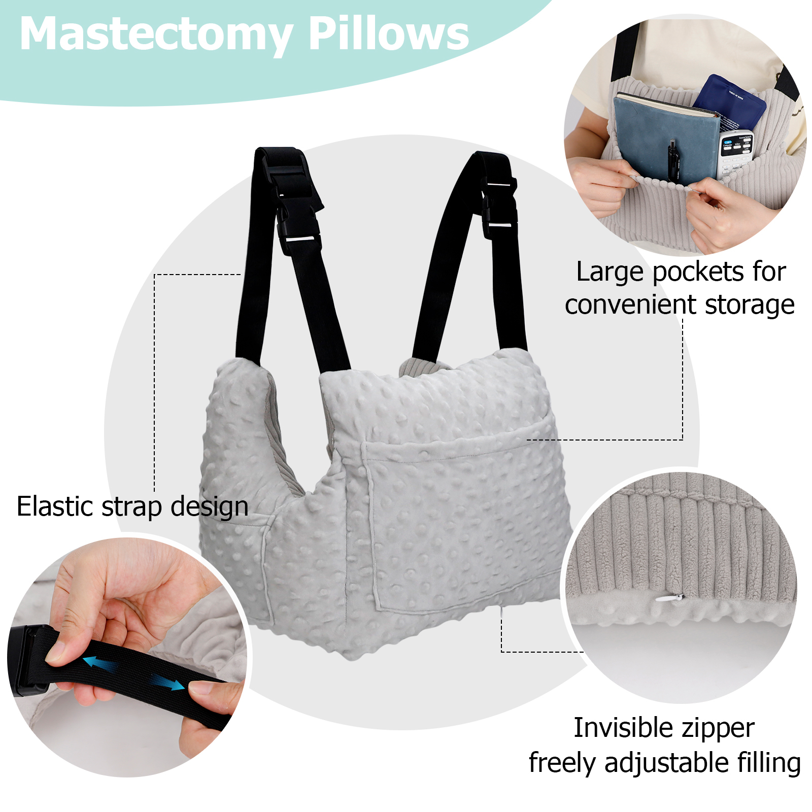 RoamReady Post Mastectomy Pillows After Hysterectomy Must Haves, Breast Reduction Mastectomy Recovery Supplies, Breast Cancer Heart Surgery Pillow Gifts for Women Help for Recovery and Rest, Gray